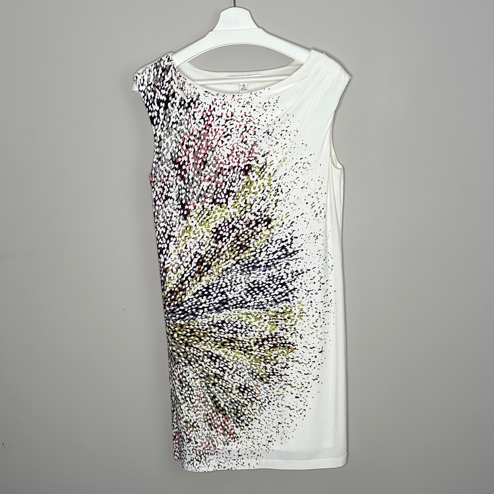 Maggy London Elegant White and Multicolor Patterned Dress